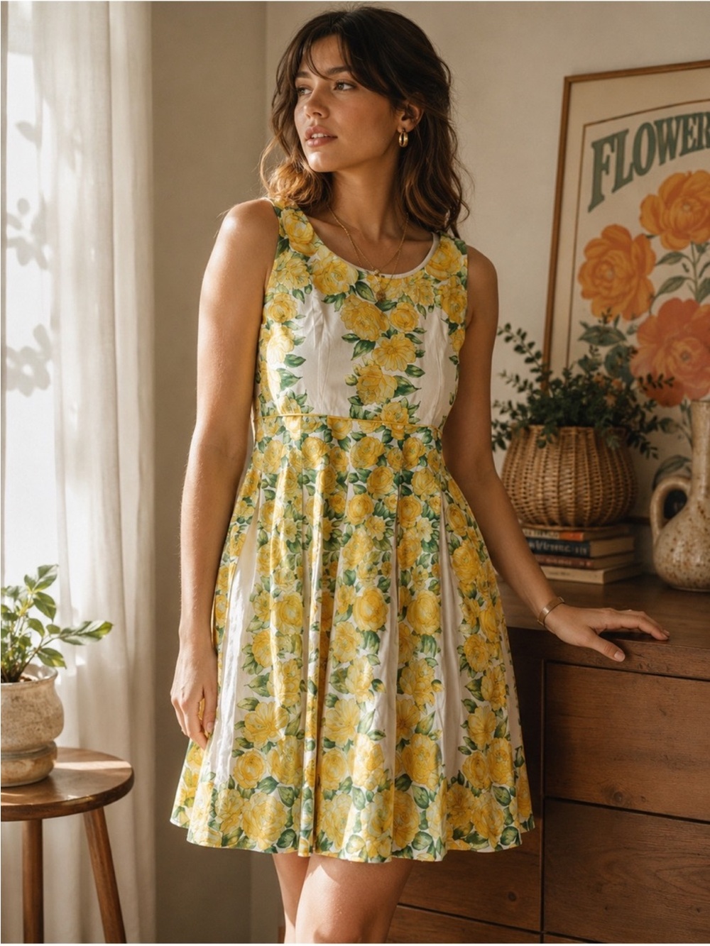 Ann Taylor Lemon Yellow Floral Retro Fit Flare Tea Tank Dress Cotton 6